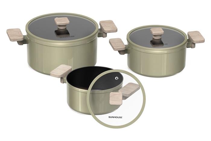 Bộ 3 nồi nhôm chống dính nắp kính Sunhouse ST2210P Màu Xanh