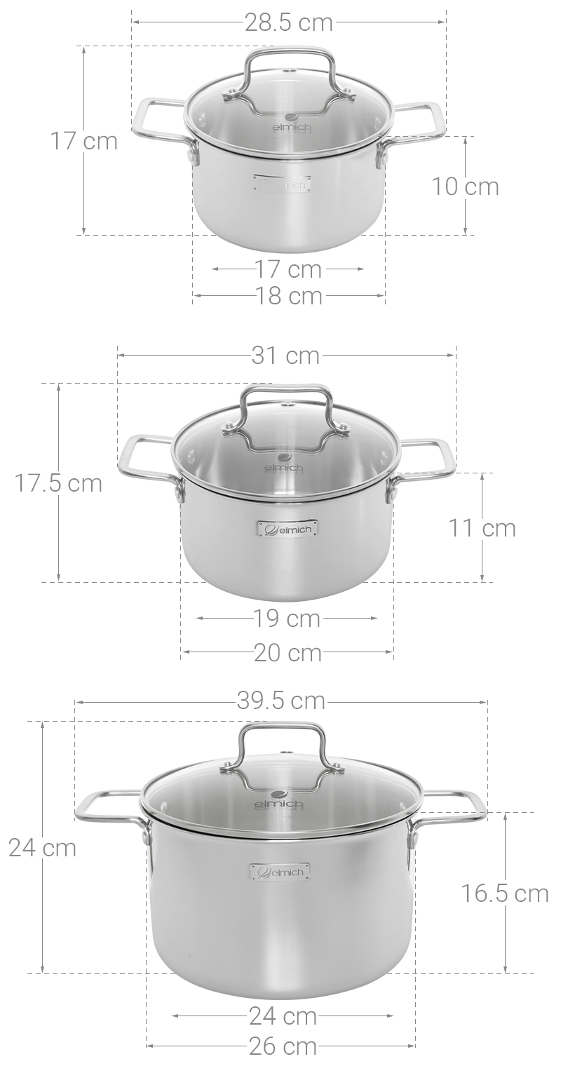 Bộ 3 nồi inox 3 lớp nguyên khối nắp kính Elmich EL2488IN02
