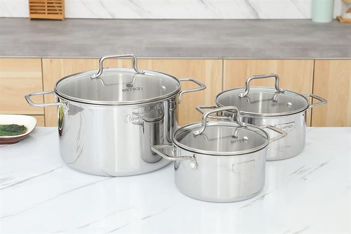Bộ 3 nồi inox 3 lớp nguyên khối nắp kính Elmich EL2488IN02 Màu Inox