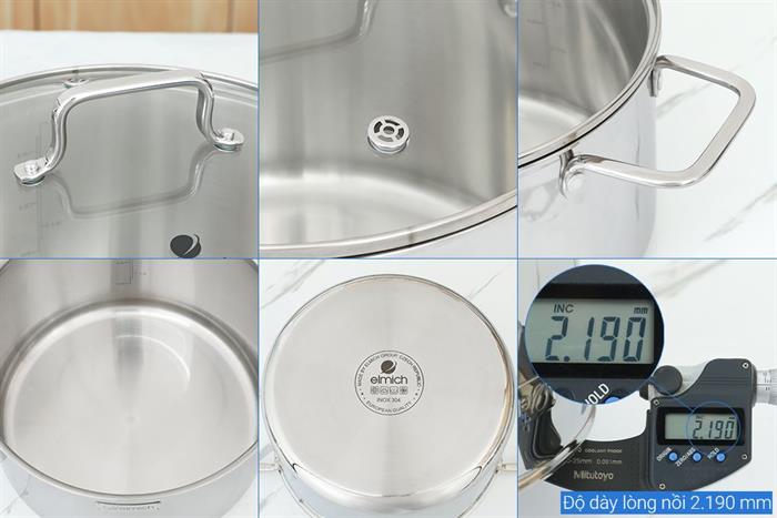 Bộ 3 nồi inox 3 lớp nguyên khối nắp kính Elmich EL2488IN02 Màu Inox