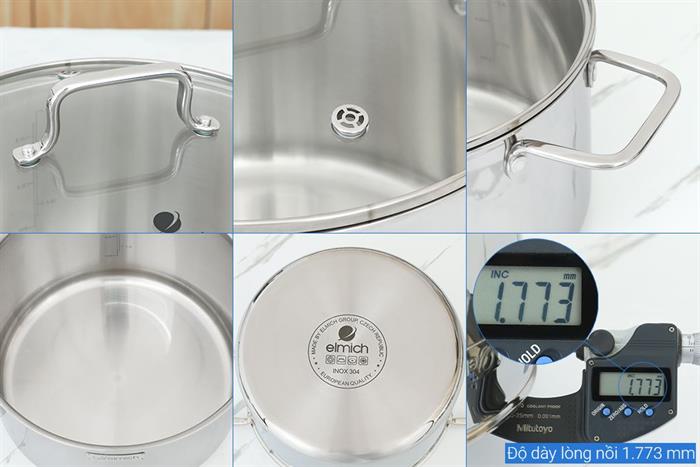 Bộ 3 nồi inox 3 lớp nguyên khối nắp kính Elmich EL2488IN02 Màu Inox