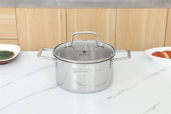 Bộ 3 nồi inox 3 lớp nguyên khối nắp kính Elmich EL2488IN02 Màu Inox
