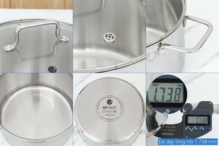 Bộ 3 nồi inox 3 lớp nguyên khối nắp kính Elmich EL2488IN02 Màu Inox