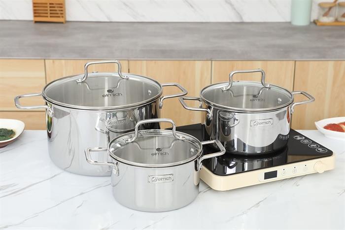 Bộ 3 nồi inox 3 lớp nguyên khối nắp kính Elmich EL2488IN02 Màu Inox
