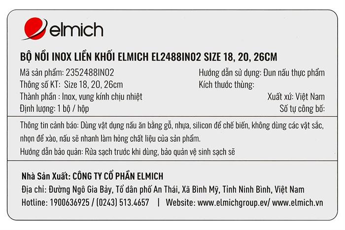 Bộ 3 nồi inox 3 lớp nguyên khối nắp kính Elmich EL2488IN02 Màu Inox