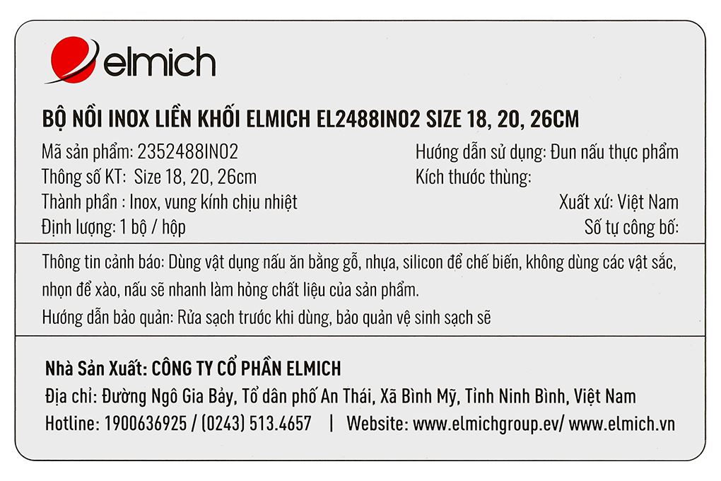 Bộ 3 nồi inox 3 lớp nguyên khối nắp kính Elmich EL2488IN02 Màu Inox