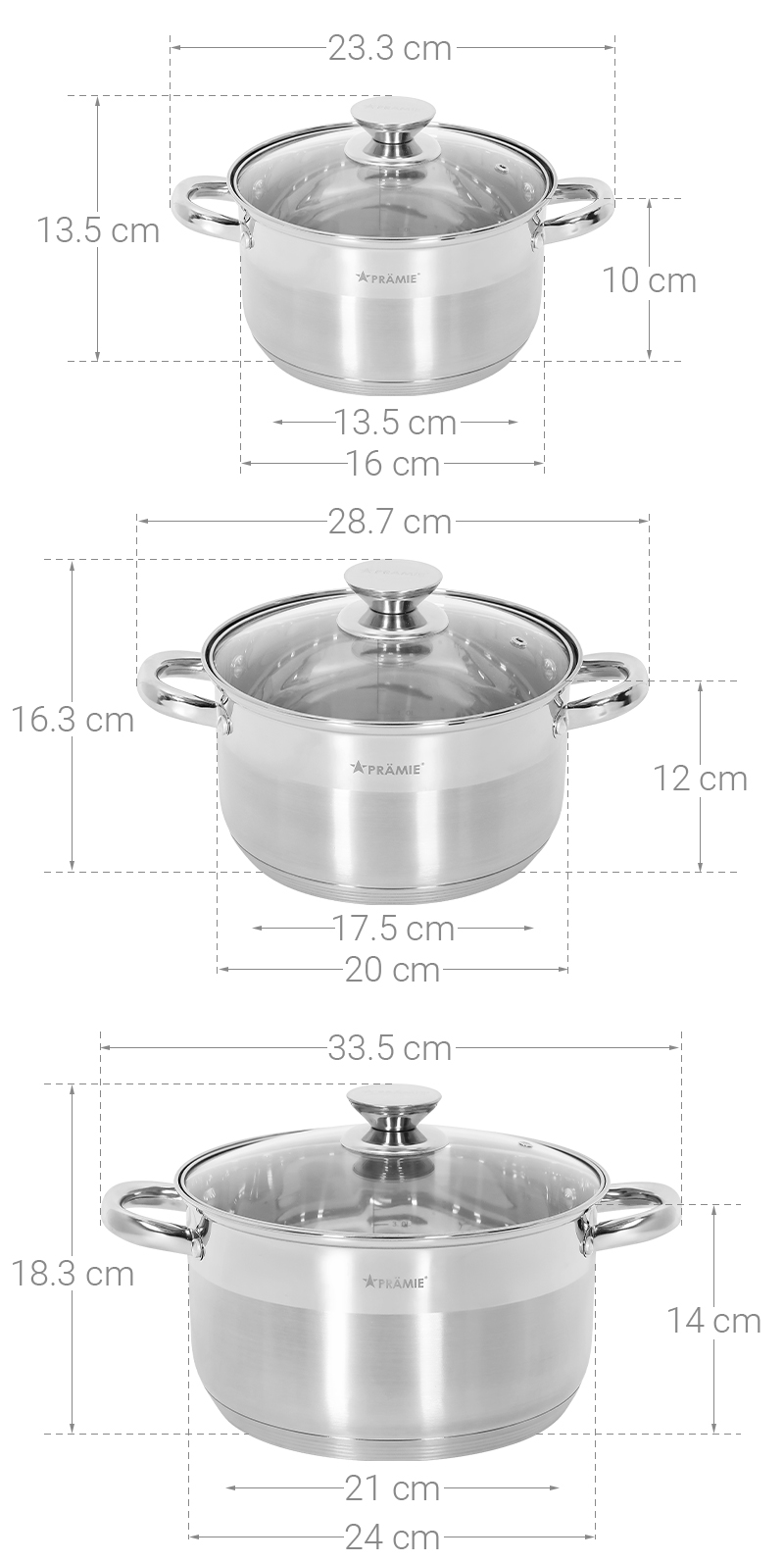 Bộ 3 nồi inox 5 đáy nắp kính Pramie PC36501