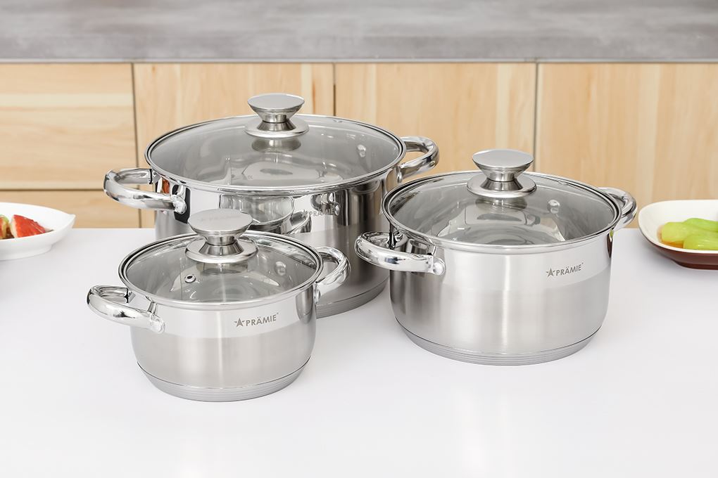 Bộ 3 nồi inox 5 đáy nắp kính Pramie PC36501 Màu Inox