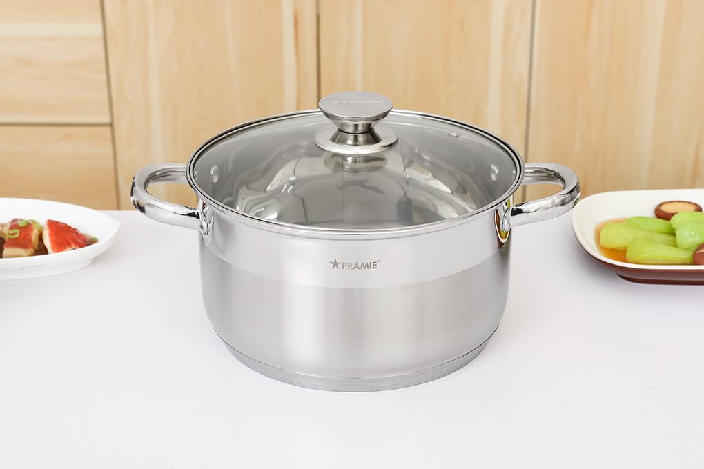 Bộ 3 nồi inox 5 đáy nắp kính Pramie PC36501 Màu Inox