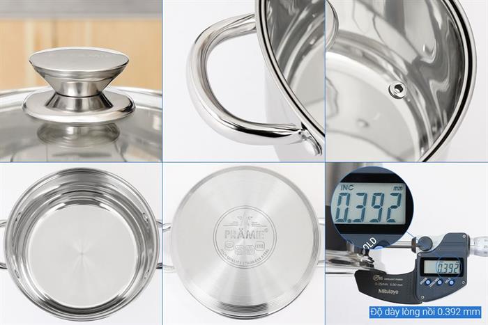 Bộ 3 nồi inox 5 đáy nắp kính Pramie PC36501 Màu Inox