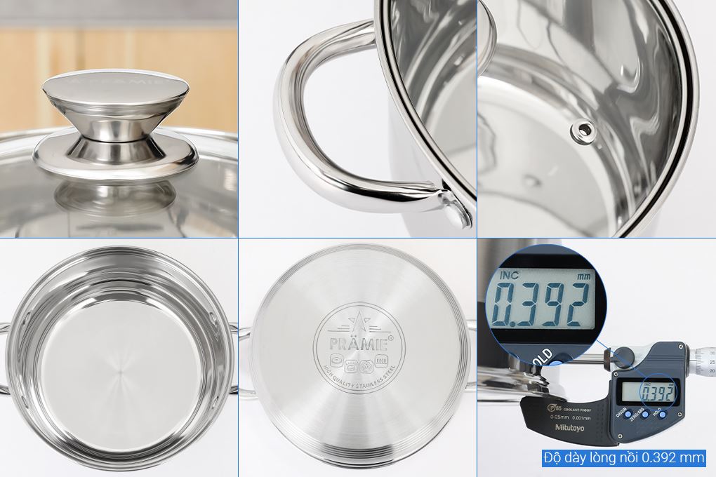 Bộ 3 nồi inox 5 đáy nắp kính Pramie PC36501 Màu Inox