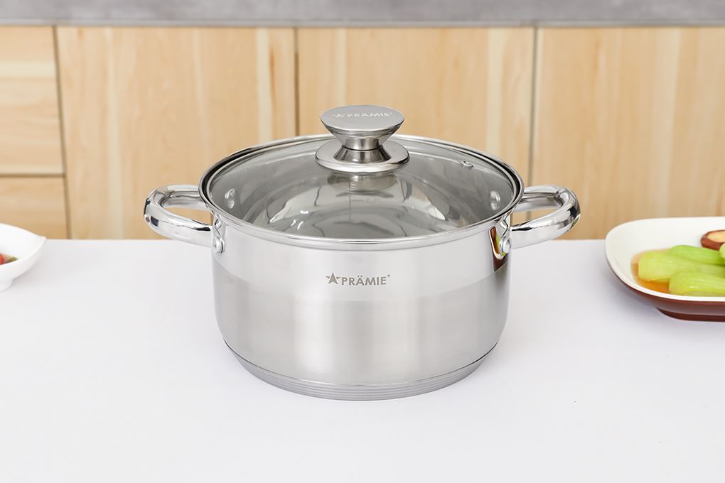 Bộ 3 nồi inox 5 đáy nắp kính Pramie PC36501 Màu Inox