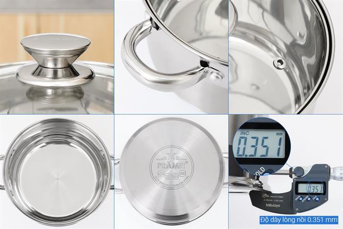 Bộ 3 nồi inox 5 đáy nắp kính Pramie PC36501 Màu Inox