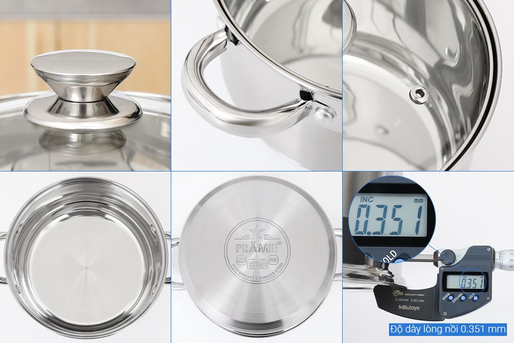 Bộ 3 nồi inox 5 đáy nắp kính Pramie PC36501 Màu Inox
