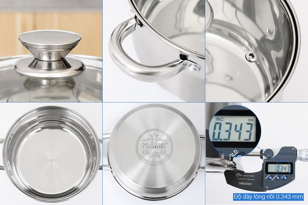 Bộ 3 nồi inox 5 đáy nắp kính Pramie PC36501 Màu Inox