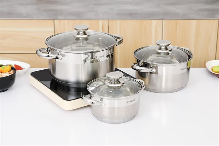 Bộ 3 nồi inox 5 đáy nắp kính Pramie PC36501 Màu Inox