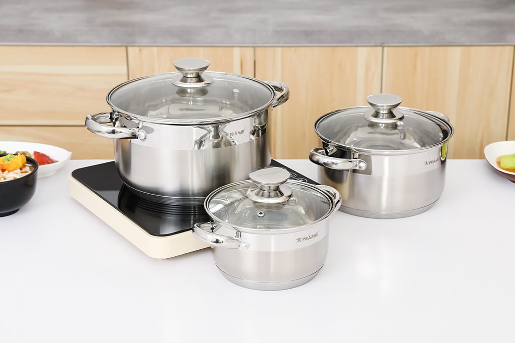 Bộ 3 nồi inox 5 đáy nắp kính Pramie PC36501 Màu Inox