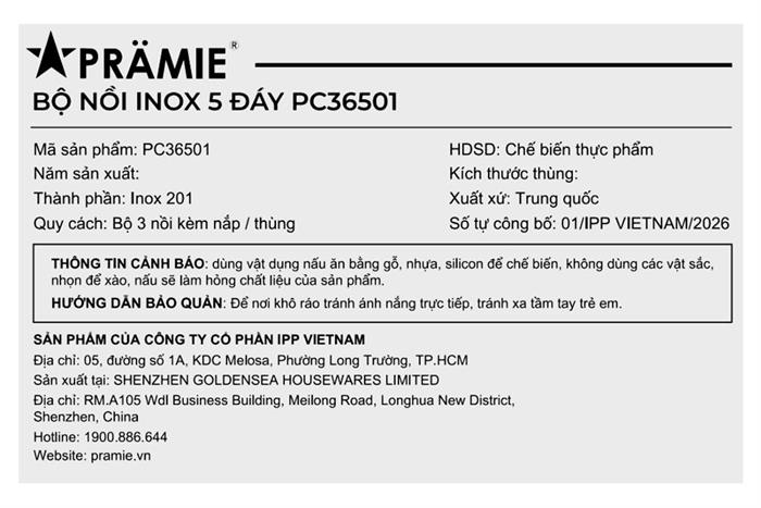 Bộ 3 nồi inox 5 đáy nắp kính Pramie PC36501 Màu Inox