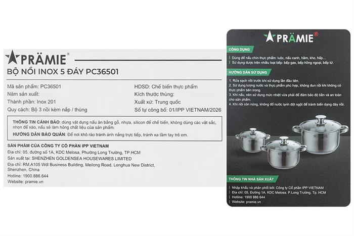 Bộ 3 nồi inox 5 đáy nắp kính Pramie PC36501 Màu Inox