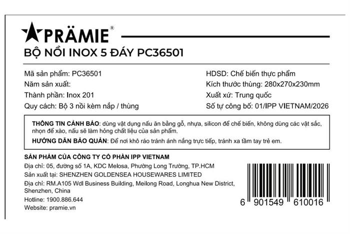 Bộ 3 nồi inox 5 đáy nắp kính Pramie PC36501 Màu Inox