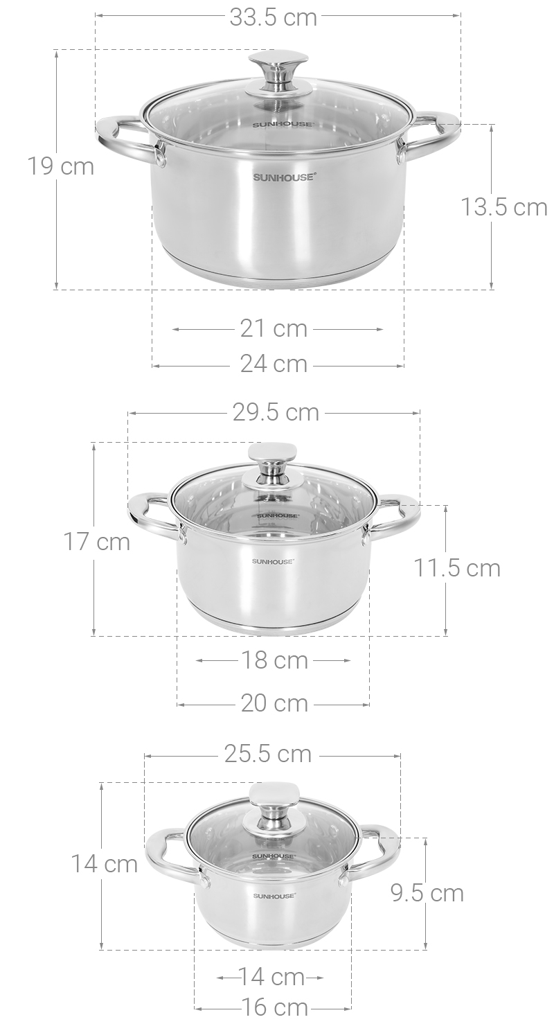 Bộ 3 nồi inox 5 đáy nắp kính Sunhouse SHG799