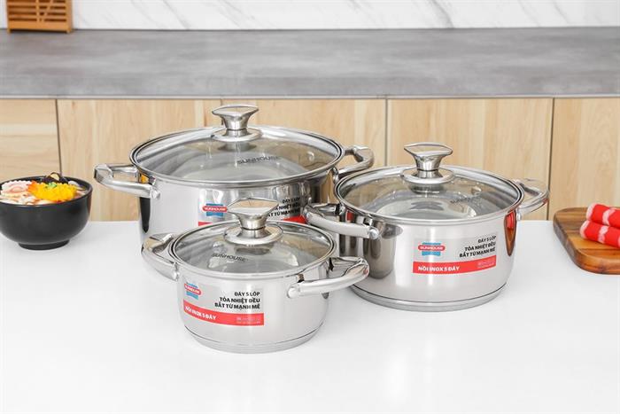 Bộ 3 nồi inox 5 đáy nắp kính Sunhouse SHG799 Màu Inox Bộ 3 nồi inox 5 đáy nắp kính Sunhouse SHG799