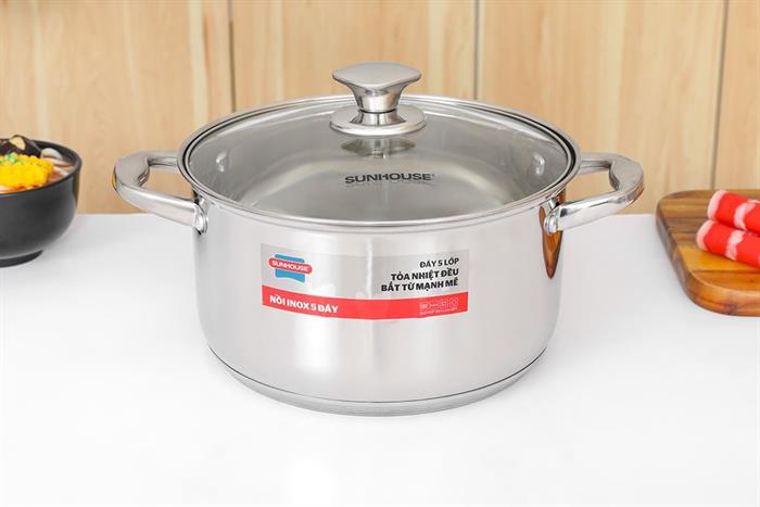 Bộ 3 nồi inox 5 đáy nắp kính Sunhouse SHG799 Màu Inox