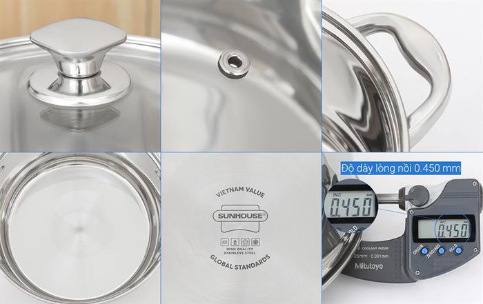 Bộ 3 nồi inox 5 đáy nắp kính Sunhouse SHG799 Màu Inox