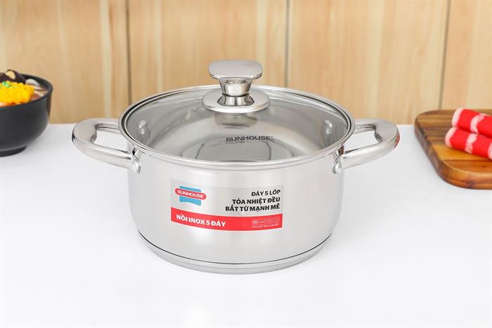 Bộ 3 nồi inox 5 đáy nắp kính Sunhouse SHG799 Màu Inox