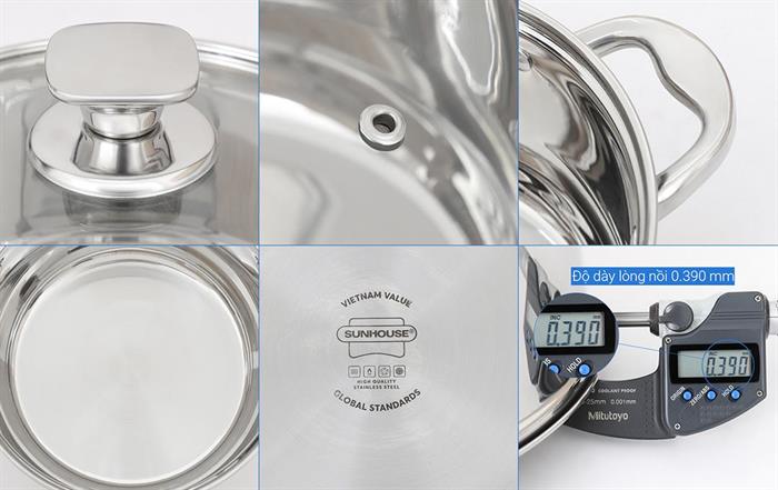 Bộ 3 nồi inox 5 đáy nắp kính Sunhouse SHG799 Màu Inox