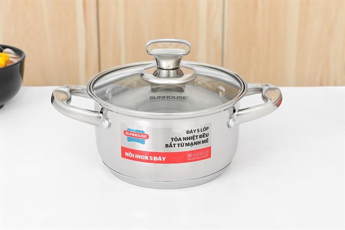 Bộ 3 nồi inox 5 đáy nắp kính Sunhouse SHG799 Màu Inox