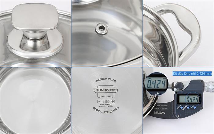 Bộ 3 nồi inox 5 đáy nắp kính Sunhouse SHG799 Màu Inox