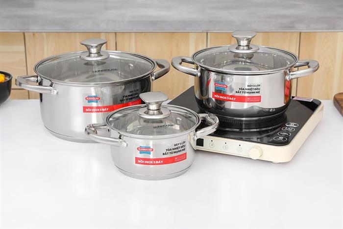 Bộ 3 nồi inox 5 đáy nắp kính Sunhouse SHG799 Màu Inox