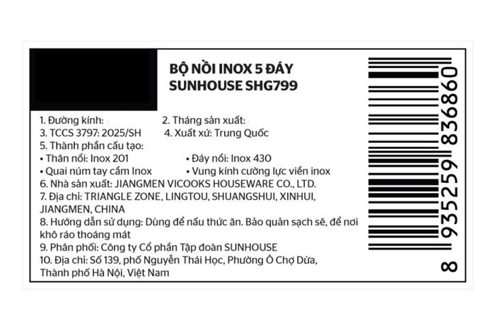 Bộ 3 nồi inox 5 lớp nắp kính Sunhouse SHG799 Màu Inox