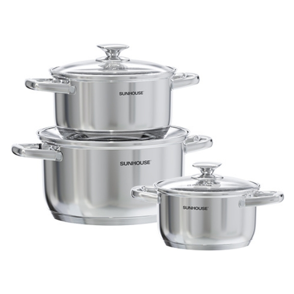 Bộ 3 nồi inox 5 đáy nắp kính Sunhouse SHG799