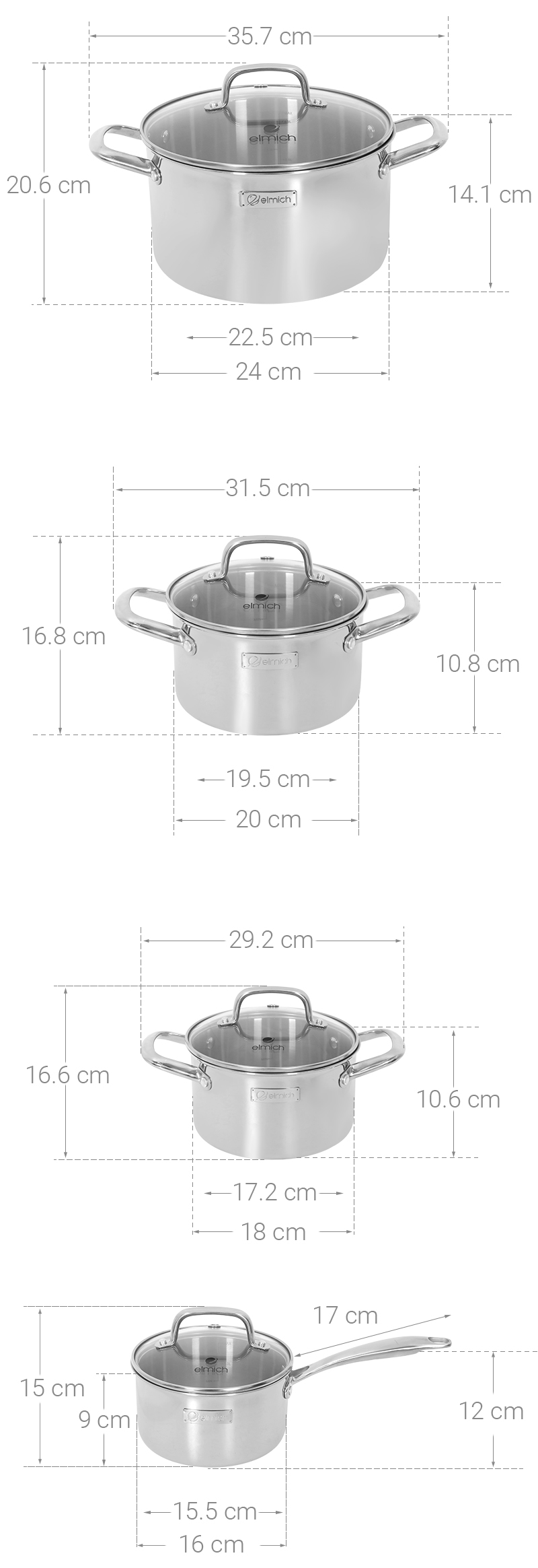 Bộ 4 nồi quánh inox 3 lớp nguyên khối nắp kính Elmich EL2485IN01
