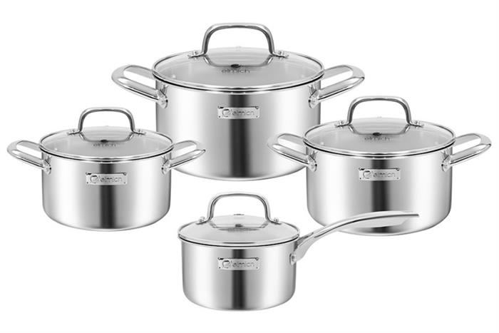 Bộ 4 nồi quánh inox 3 lớp nguyên khối nắp kính Elmich EL2485IN01 Màu Inox