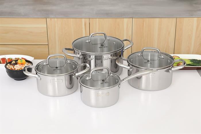 Bộ 4 nồi quánh inox 3 lớp nguyên khối nắp kính Elmich EL2485IN01 Màu Inox