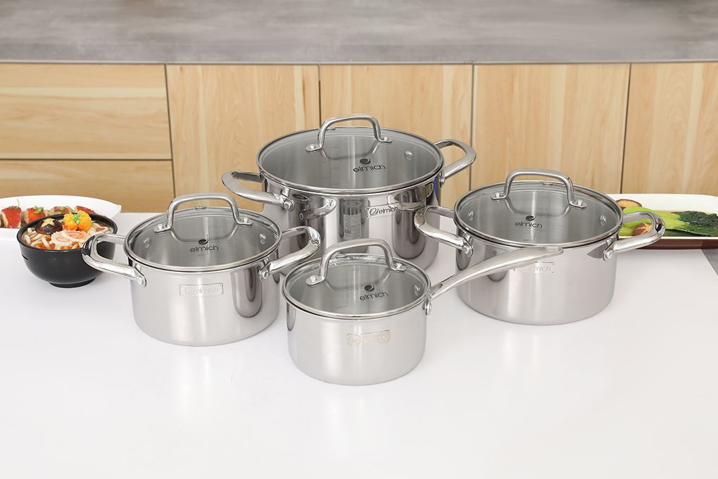 Bộ 4 nồi quánh inox 3 lớp nguyên khối nắp kính Elmich EL2485IN01 Màu Inox