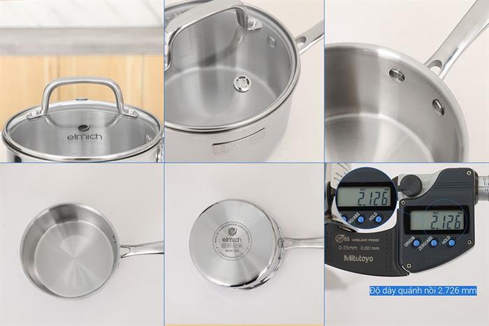 Bộ 4 nồi quánh inox 3 lớp nguyên khối nắp kính Elmich EL2485IN01 Màu Inox