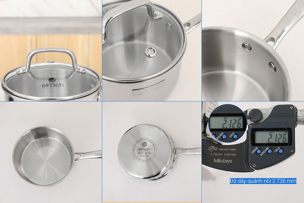 Bộ 4 nồi quánh inox 3 lớp nguyên khối nắp kính Elmich EL2485IN01 Màu Inox