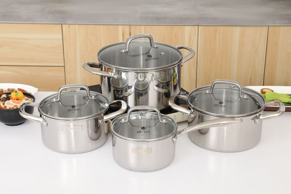 Bộ 4 nồi quánh inox 3 lớp nguyên khối nắp kính Elmich EL2485IN01 Màu Inox