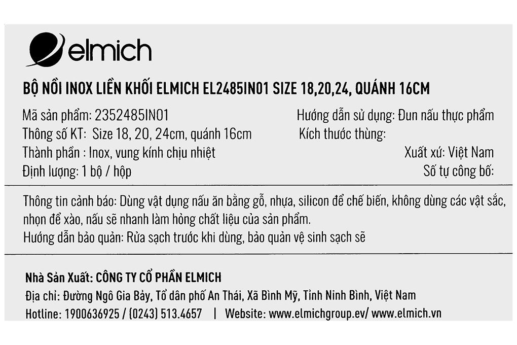 Bộ 4 nồi quánh inox 3 lớp nguyên khối nắp kính Elmich EL2485IN01 Màu Inox
