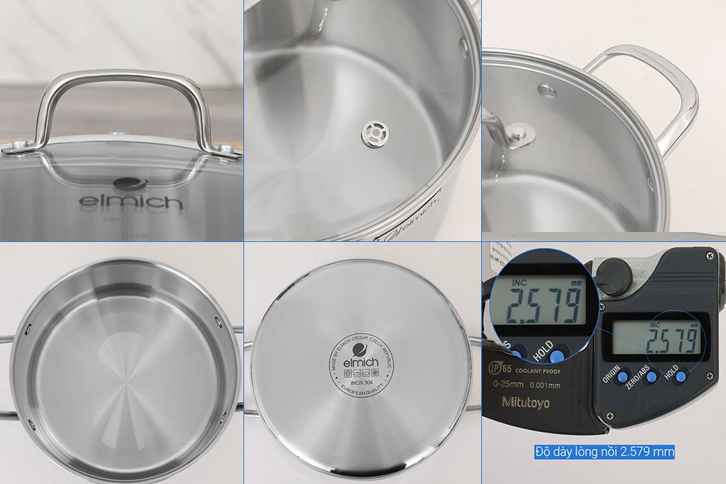 Bộ 4 nồi quánh inox 3 lớp nguyên khối nắp kính Elmich EL2485IN01 Màu Inox