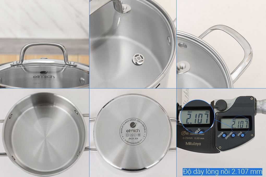 Bộ 4 nồi quánh inox 3 lớp nguyên khối nắp kính Elmich EL2485IN01 Màu Inox