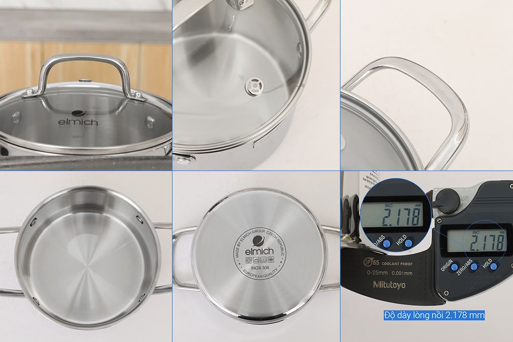 Bộ 4 nồi quánh inox 3 lớp nguyên khối nắp kính Elmich EL2485IN01 Màu Inox