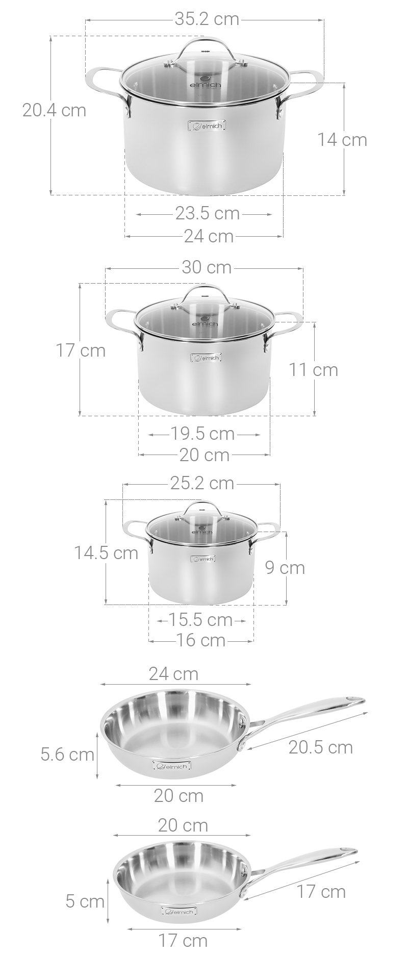 Bộ 5 nồi chảo inox 3 lớp nguyên khối nắp kính Elmich EL2486IN01