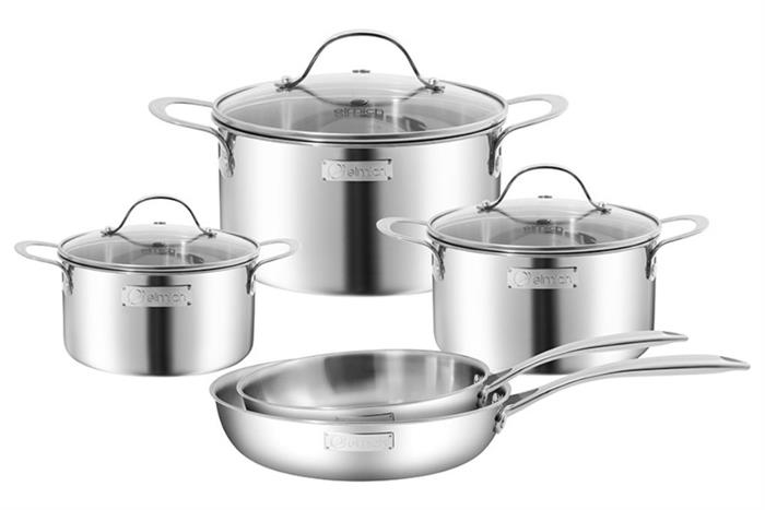 Bộ 5 nồi chảo inox 3 lớp nguyên khối nắp kính Elmich EL2486IN01 Màu Inox