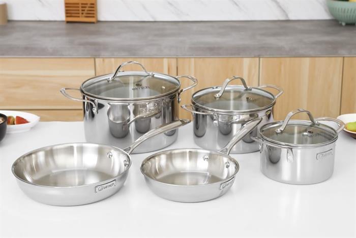 Bộ 5 nồi chảo inox 3 lớp nguyên khối nắp kính Elmich EL2486IN01 Màu Inox
