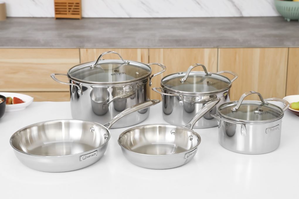 Bộ 5 nồi chảo inox 3 lớp nguyên khối nắp kính Elmich EL2486IN01 Màu Inox